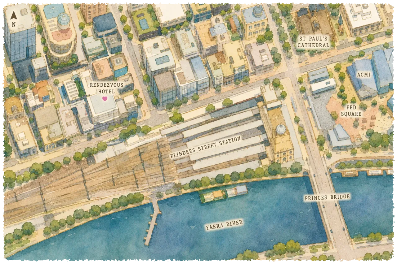 Watercolour aerial illustration of the hotel's corner of Melbourne: the hotel on the north side of Flinders Street, Flinders Street Station and its platforms opposite, the Yarra River along the bottom, and St Paul's Cathedral, ACMI, Federation Square and Princes Bridge to the east. 手绘水彩俯瞰图：酒店在 Flinders Street 北侧，对面是弗林德斯街火车站与站台，南面是亚拉河，东侧为圣保罗座堂、ACMI、联邦广场与王子桥。