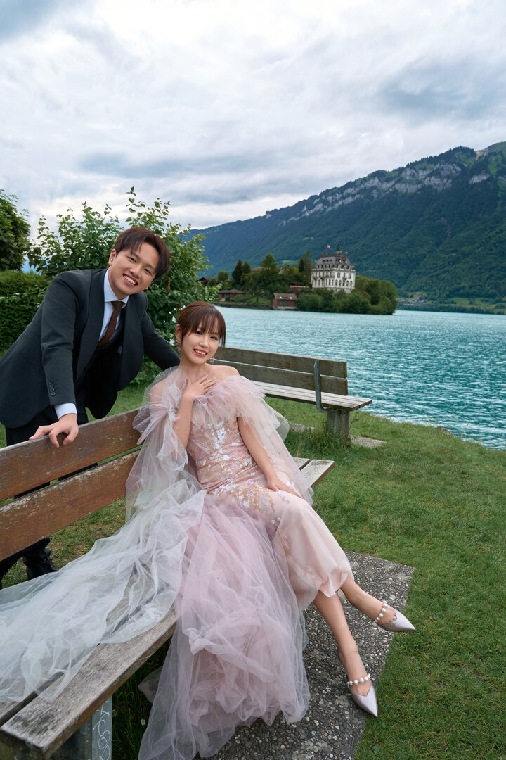On a bench by Lake Brienz, the water turquoise behind